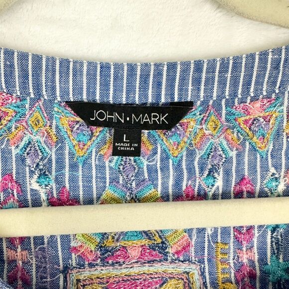 John Mark Linen Embroidered Top Size Large Boho Stripe Split V-Neck - Picture 6 of 7
